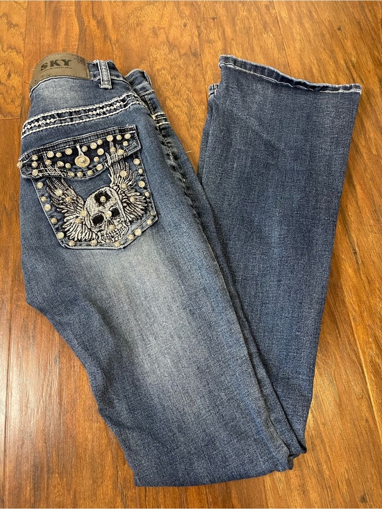 Sky Denim - Sky Women's Boot Cut Jeans - Dark Blue with Embellished Skull Pocket
